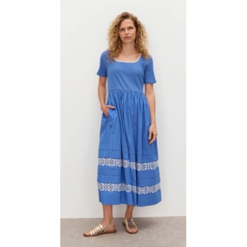 Oliver Bonas Ribbed Knit Midi Dress Womens 4 Blue Eyelet Embroidered Cottagecore
